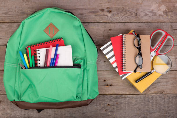 istock Backpack and school supplies: books, magnifying glass, notepad, felt-tip pens, eyeglasses, scissors on brown wooden table 870445960