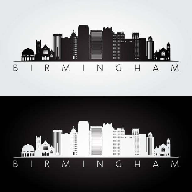 Birmingham usa skyline and landmarks silhouette, black and white design, vector illustration. Birmingham usa skyline and landmarks silhouette, black and white design, vector illustration. alabama stock illustrations