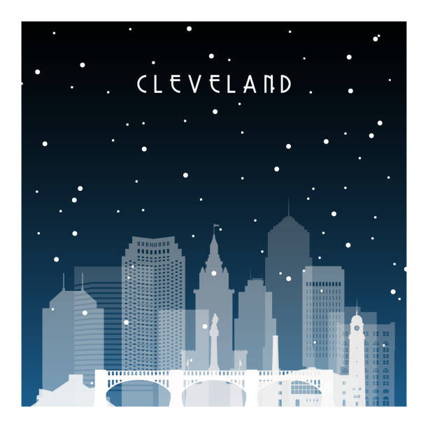 ilustrações, clipart, desenhos animados e ícones de noite de inverno em cleveland. cidade de noite, em estilo simples para banner, cartaz, ilustração, jogo, plano de fundo. - cleveland ohio ohio skyline famous place