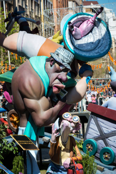 Detail of colourful ninots (cardboard and paper-mache puppet statue) and fallas on the streets of Valencia during the Fallas festival, a traditional celebration in commemoration of Saint Joseph.