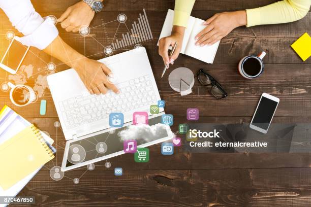 Two People Working On Computer Stock Photo - Download Image Now - Marketing, Digital Display, Digitally Generated Image