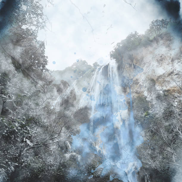Abstract beautiful waterfall on watercolor painting background.