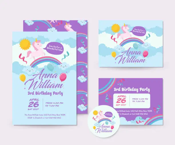 Vector illustration of Cute Unicorn Theme Happy Birthday Invitation Card Set And Flyer Illustration Template