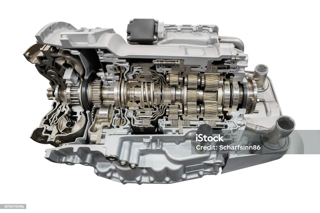 Automatic transmission with retarder in section. Automatic transmission with retarder in section. Isolated on white background. Automatic Gearshift Stock Photo