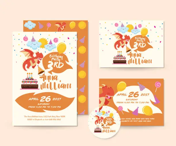 Vector illustration of Cute Dragon Theme Happy Birthday Invitation Card Set And Flyer Illustration Template