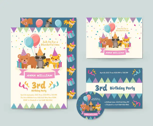 Vector illustration of Cute Wild Animal Theme Happy Birthday Invitation Card Set And Flyer Illustration Template