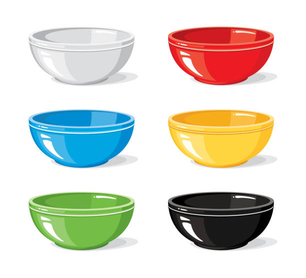 ilustraciones, imágenes clip art, dibujos animados e iconos de stock de conjunto de ilustración vectorial de iconos de comida. diferentes colores tazones de fuente vacíos para el desayuno o cena aislado sobre fondo blanco. colección de cocina. objetos de cocina para su diseño - plate ceramics pottery isolated