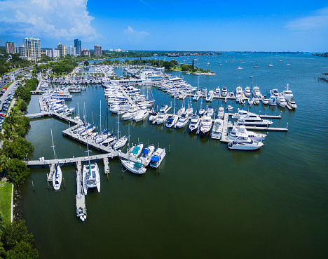 Aerial view of Bayfront Park & Marina from Island Park, Sarasota Florida.