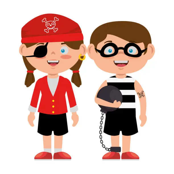 Vector illustration of little kids disguised as a pirate and prisoner