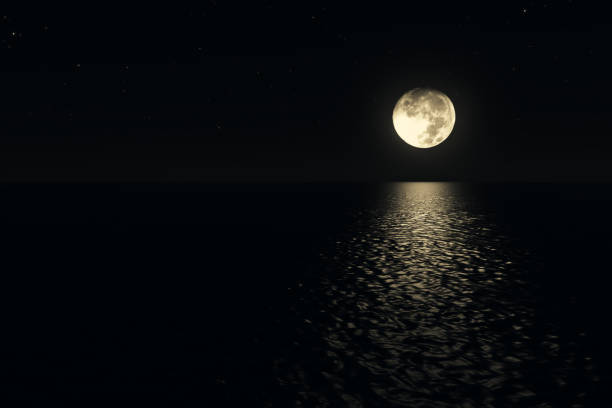 istock Moonlight path with low fool moon above the sea realistic 3d illustration 870477950