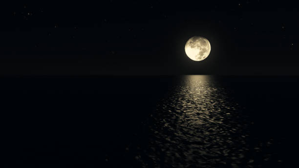 istock Moonlight path with low fool moon above the sea realistic 3d illustration 870477982