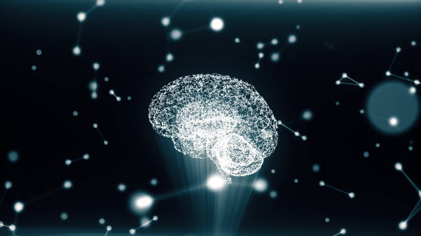 istock Circular rotation polygonal brain shape of an artificial intelligence with lines and glowing dots and shadow over the dark blue background. 3D illustration 870478118