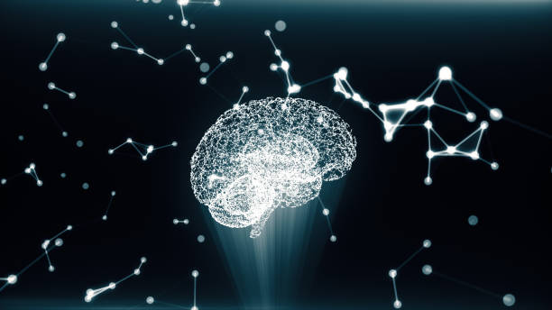 istock Circular rotation polygonal brain shape of an artificial intelligence with lines and glowing dots and shadow over the dark blue background. 3D illustration 870478148