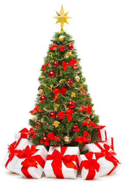 istock Christmas Tree Decoration With Present Gift Boxes, White Isolated Decorated Xmas Tree 870479172