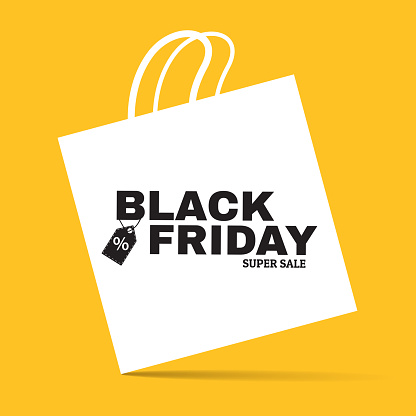 Black friday super sale creative announcement banner. White flat shopping bag sign on yellow background. Concept with minimalistic design. Applicable for flyer, promo poster. Vector eps 10