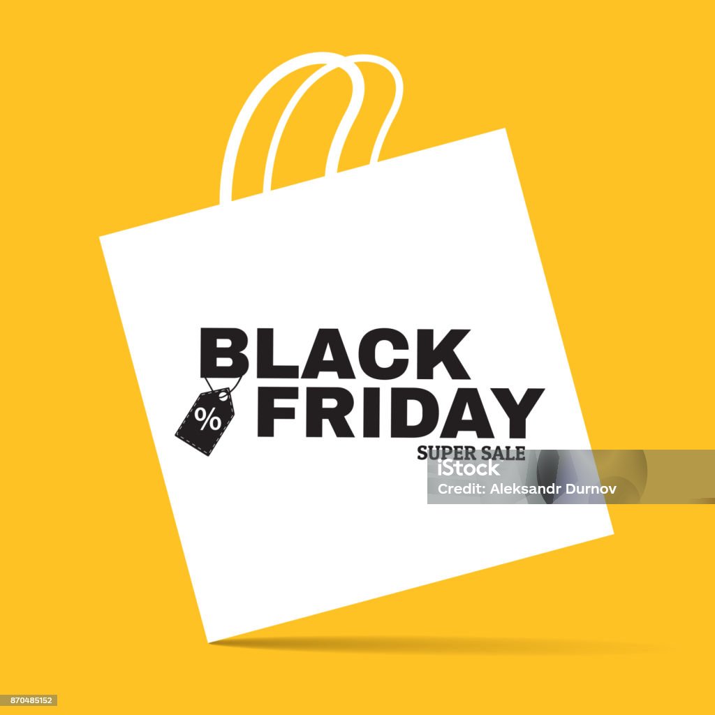 Black friday super sale creative announcement banner. White flat shopping bag sign on yellow background. Concept with minimalistic design. Applicable for flyer, promo poster. Vector eps 10 Shopping stock vector