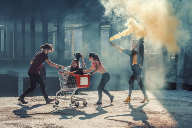 istock Young adults having fun at abandoned construction site 870486338