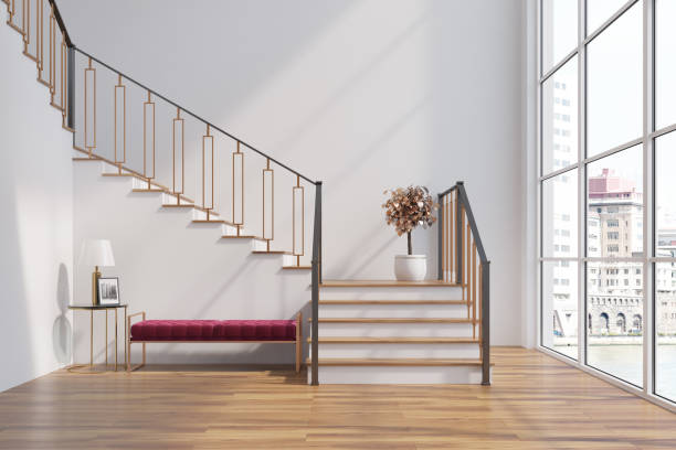 istock White living room, stairs, red bench 870489066