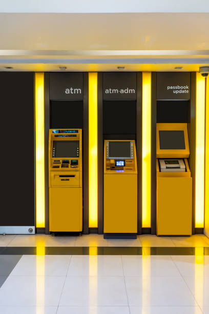 istock Yellow ATM machines. The station automatic machines. 870495148