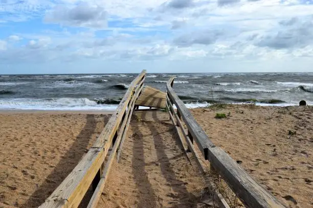 Walkway to the beach destroyed by hurricane Irma striking the east coast of Floorida, USA