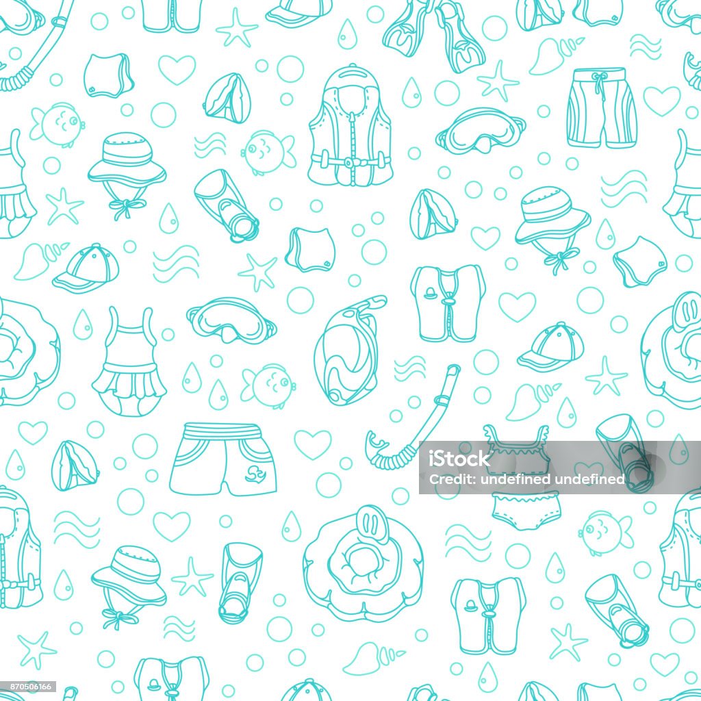 Vector seamless pattern of swimming goods for kids. Vector seamless pattern of swimming goods for kids. Art line icons Illustration. Set. Vest, mask, tube, swimsuit, cap, panama, fins, swimming trunks. Summer children's holiday Baby - Human Age stock vector