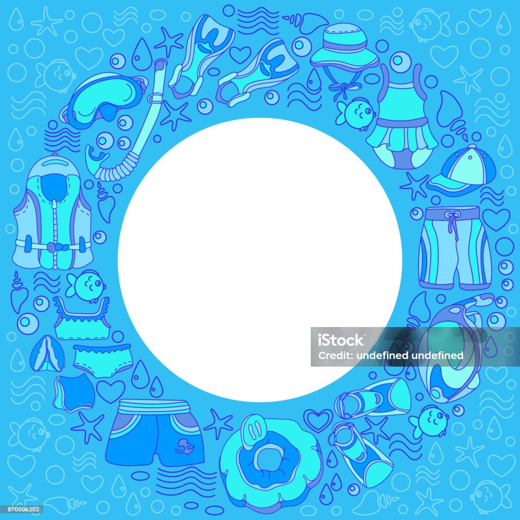 Vector template of swimming goods for kids. Vector template of swimming goods for kids. Art line icons Illustration. Set. Vest, mask, tube, swimsuit, cap, panama, fins, swimming trunks. Summer children's holiday. Copy space Active Lifestyle stock vector