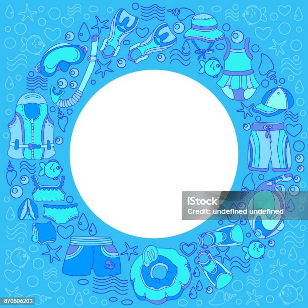 Vector Template Of Swimming Goods For Kids Stock Illustration - Download Image Now - Active Lifestyle, Baby - Human Age, Border - Frame