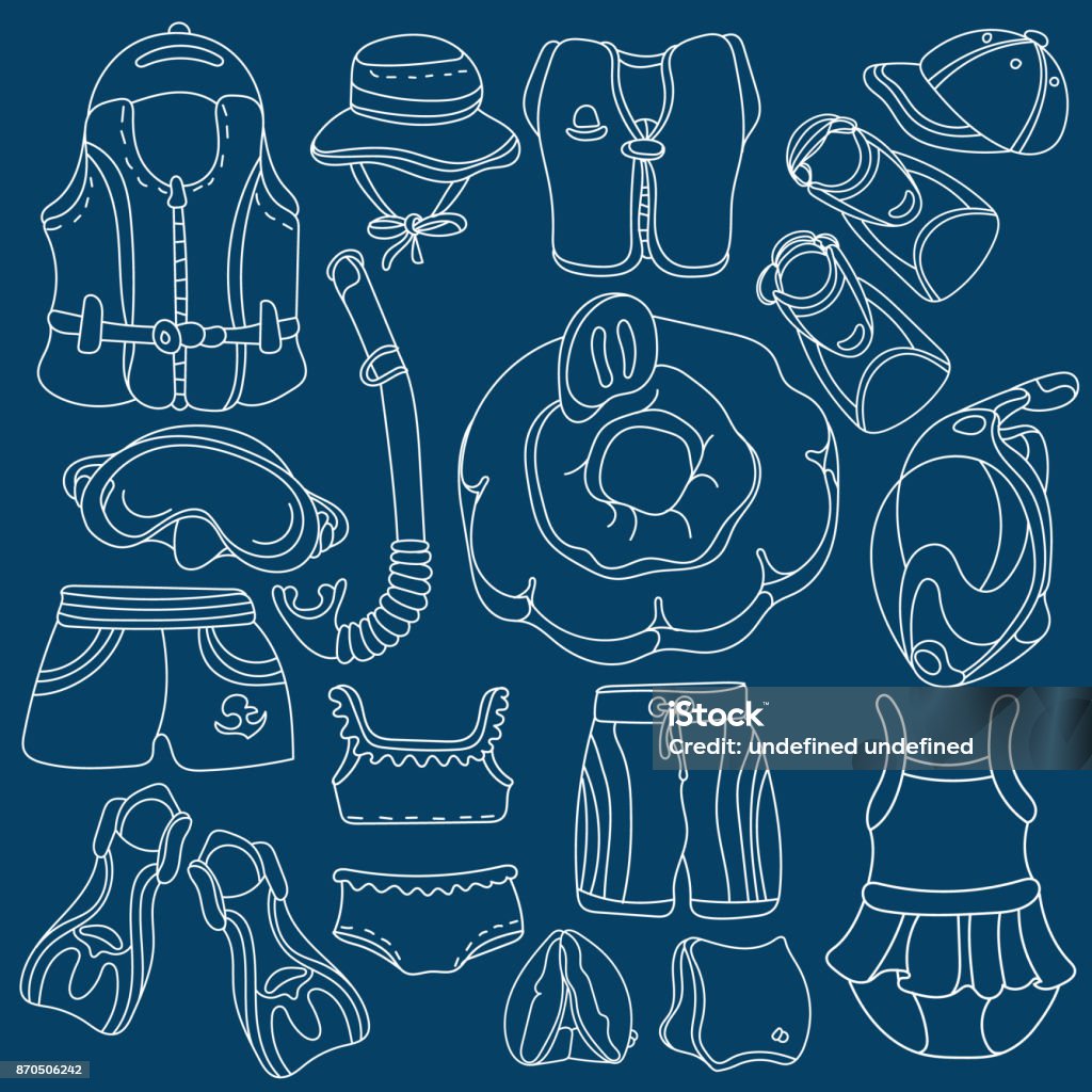 Vector doodle sketch swimming goods for kids. Doodle sketch swimming goods for kids. Vector icons Illustration. Set. Vest, mask, tube, swimsuit, cap, panama, fins, swimming trunks. Summer children's holiday Baby - Human Age stock vector