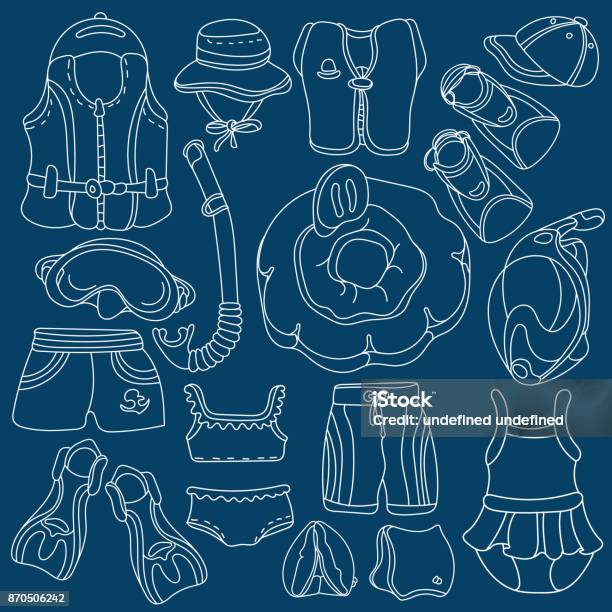 Vector Doodle Sketch Swimming Goods For Kids Stock Illustration - Download Image Now - Baby - Human Age, Diving Into Water, Outline