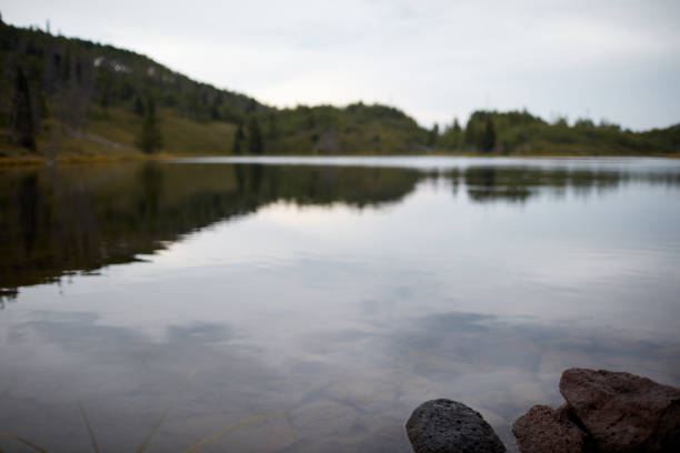 Quiet calm lake on a gloomy overcast day with the grey clouds and surrounding forest on hills reflected in the water