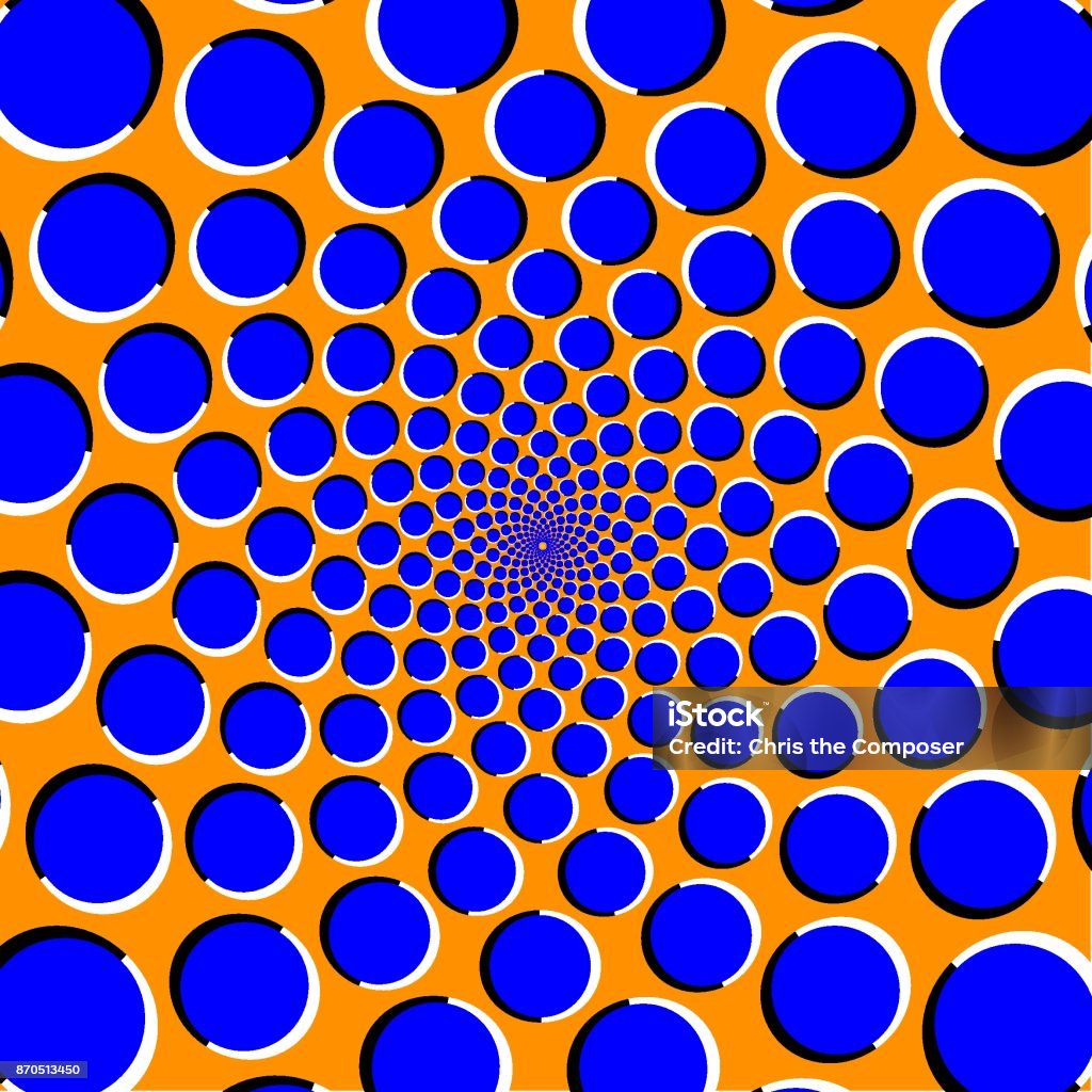 Optical illusion with blue circles on a orange background Perceived anti-clockwise movement Optical Illusion stock vector