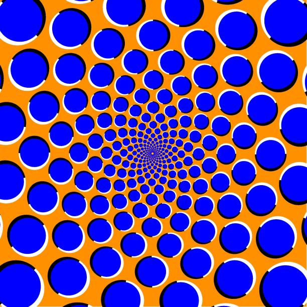 Optical illusion with blue circles on a orange background Perceived anti-clockwise movement psychedelic art stock illustrations