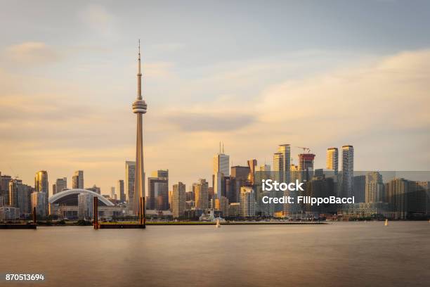 Toronto Skyline At Sunset From Toronto Islands Stock Photo - Download Image Now - Toronto, Urban Skyline, CN Tower