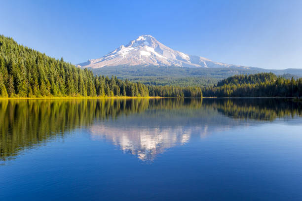 Mt Hood at Trillium Lake on a sunny blue sky day in Oregon USA stock photo