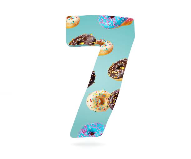 istock Decorative alphabet digit one symbol used pattern of donuts- 7. 3d rendering illustration. Isolated on white background 870525316