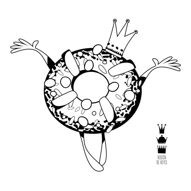 illustrations, cliparts, dessins animés et icônes de roscon de reyes (gâteau du roi). pâtisserie de noël traditionnelle espagnole. noir et blanc. - galette des rois