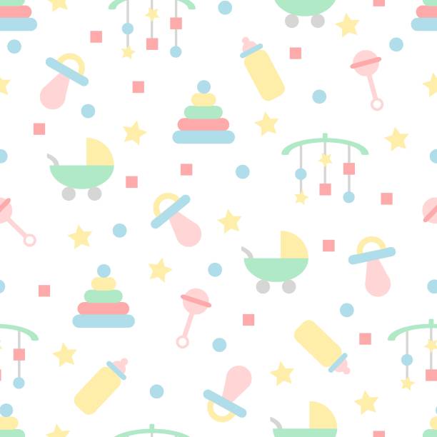 Seamless baby pattern in pastel colours with toys & objects In pastel colours pregnant patterns stock illustrations