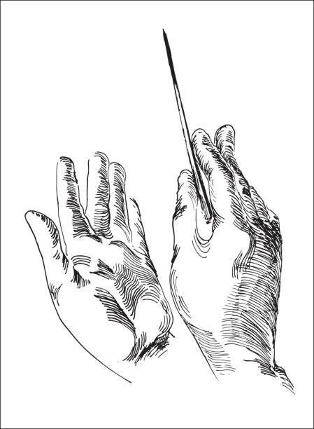 Human hands holding conductor's baton Line art illustration of a human hands holding conductor's baton for business strategy concept conductor baton stock illustrations