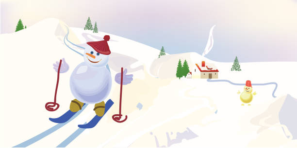 istock Snowman in a winter mountain landscape with cottages. Vector illustration. 870535104