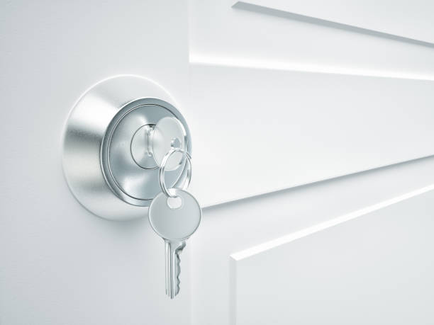 White doors with keys White doors with keys , 3d render door chain stock pictures, royalty-free photos & images