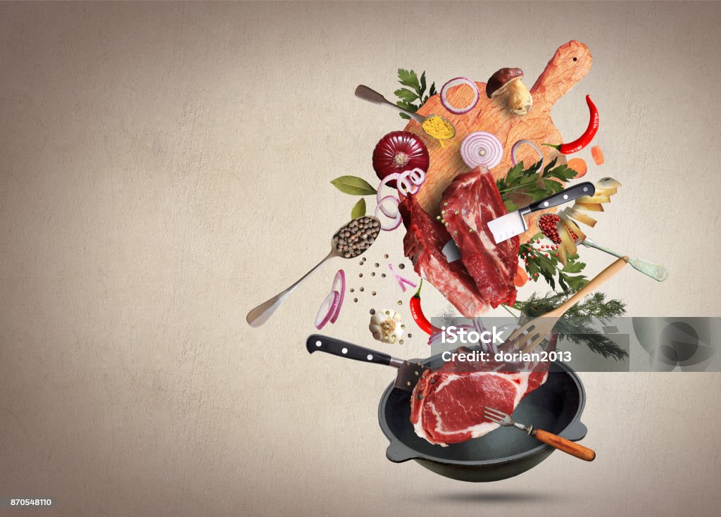 Meat and beef Meat and beef meatballs with vegetables and utensils Creativity Stock Photo