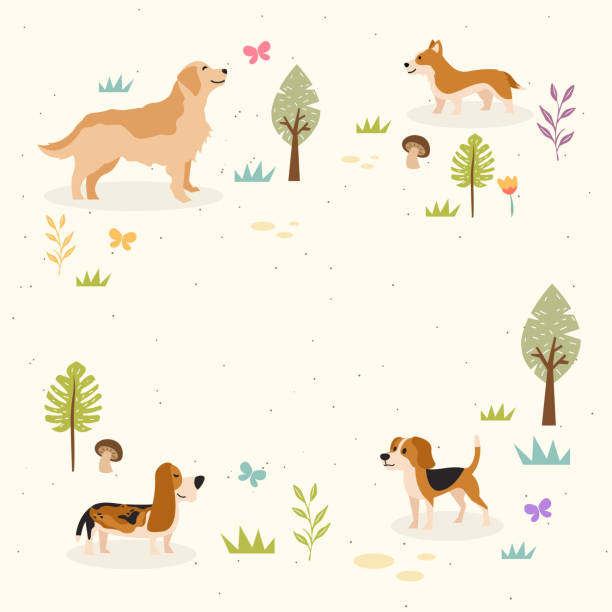 современная собака в парке тема copyspace карта иллюстрация - golden retriever illustrations stock illustrations