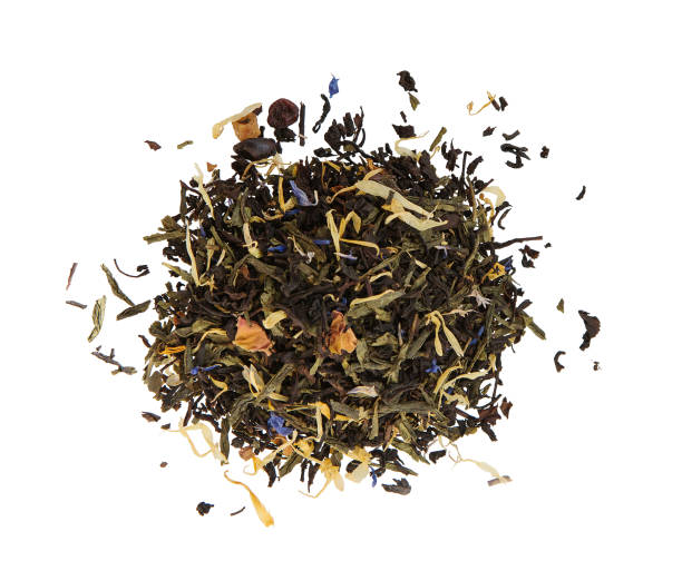dry tea with herbs isolated on white. mix green tea. - dry tea imagens e fotografias de stock