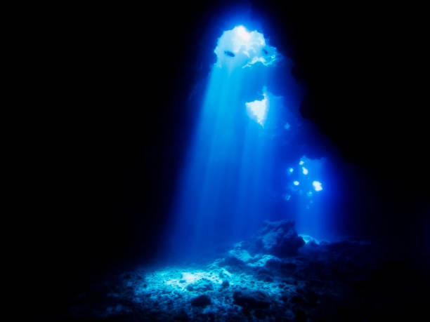 light shines through lava cave underwater - lanai imagens e fotografias de stock