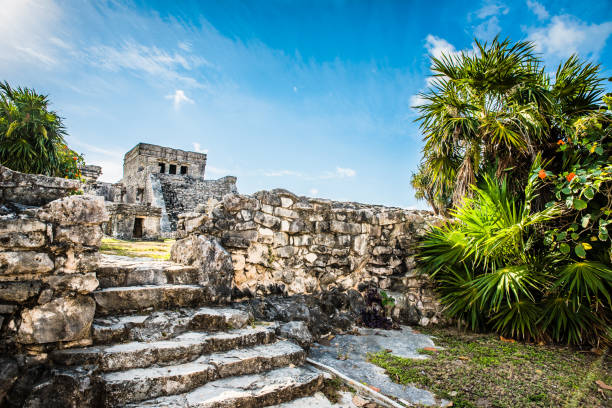 rovine del tempio a tulum dell'antico sito archeologico maya nello yucatan, riviera maya, messico - mayan temple old ruin ancient foto e immagini stock