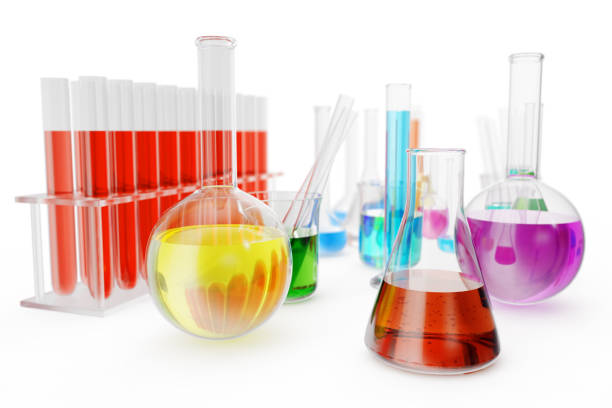 istock Transparent glass chemical flasks full off colored liquid and empty beaker isolated on background. 3d rendering 870568740