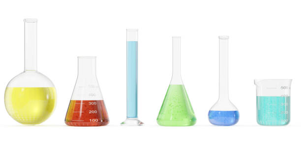 istock Chemistry flasks with colored liquid on white background. Science chemistry concept. Laboratory test tubes and flasks with colored liquids 3D rendering 870568760