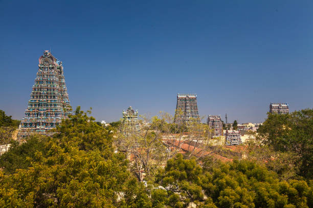 Gopurams of the Meenakshi Amman Temple Sri Meenakshi Hindu Temple in Madurai, Tamil Nadu, South India menakshi stock pictures, royalty-free photos & images