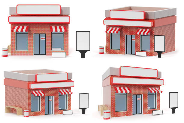 istock Set Store with copy space board isolated on white background. Modern shop buildings, store facades. Exterior market. Exterior facade store building, 3D rendering 870579320