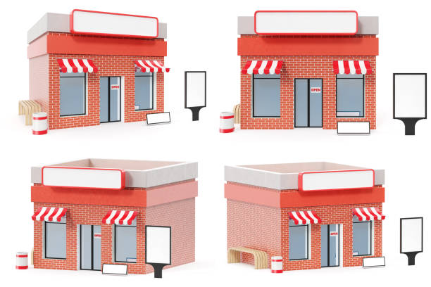istock Set Store with copy space board isolated on white background. Modern shop buildings, store facades. Exterior market. Exterior facade store building, 3D rendering 870579328